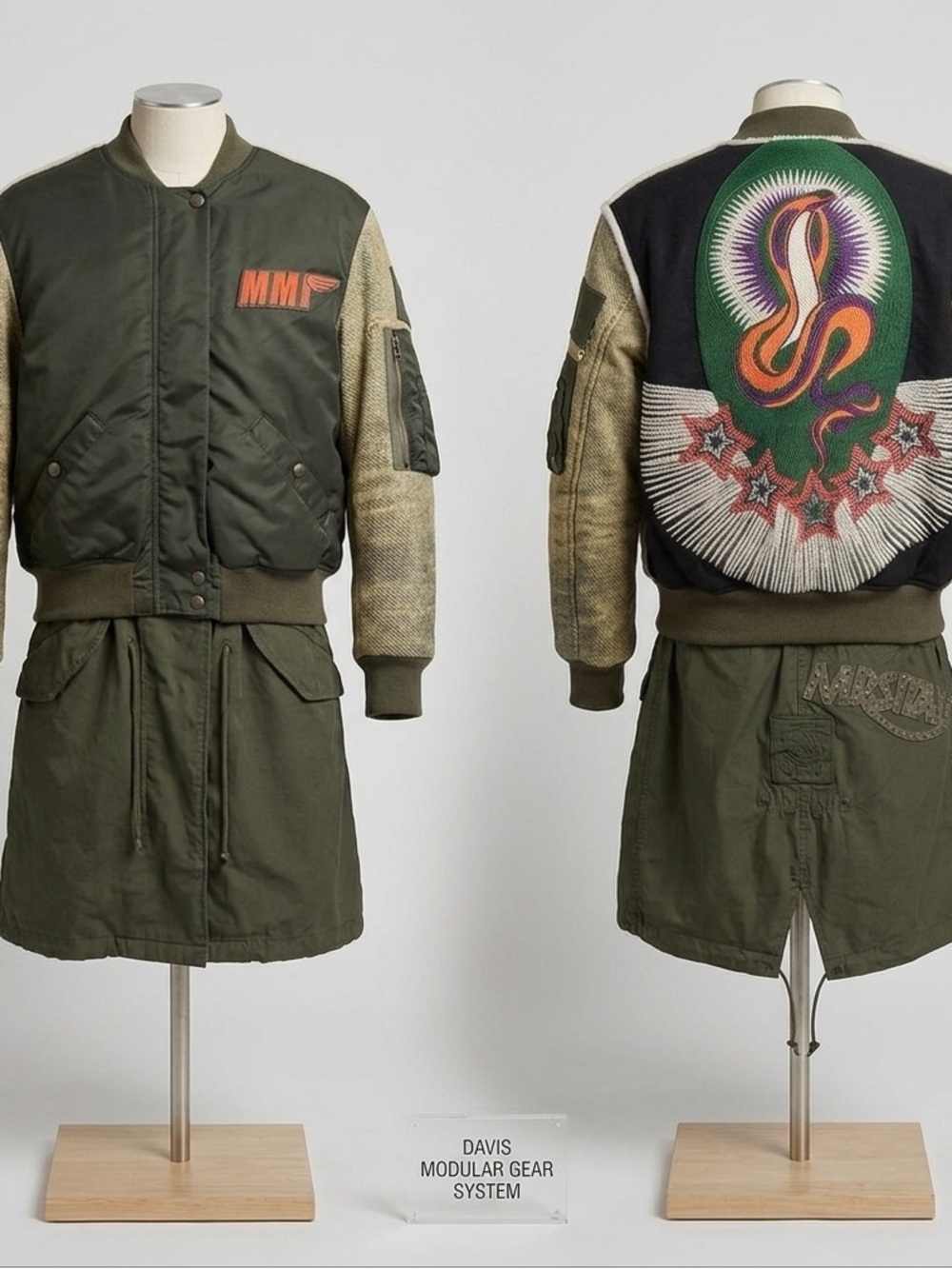 Green Nylon Mr & Mrs Italy Long Embroidered Bomber Parka Coat. (Women’s)